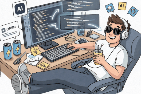 An animated gif of a young vibe coder swiveling around on his chair while on his wall of screens agents do his work for him.