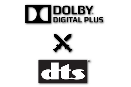 A simple graphical representation of Dolby EAC3 and Dolby DTS logos and a war symbol between them.