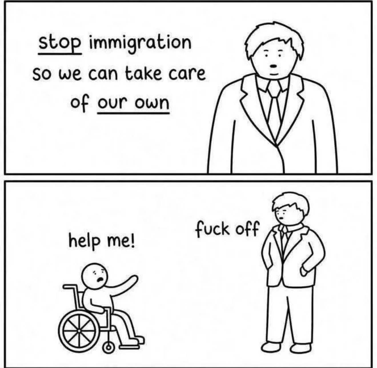 A cartoon of someone refusing immigrants because 'we have to look after our own' but in the second pane, telling a disabled person in a wheelchair to 'fuck off'.