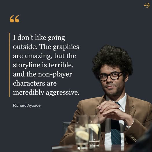 A picture of a character from the IT crowd stating 'I don't like going outside. The graphics are amazing, but the storyline is terrible, and the NPCs are extremely aggressive.'